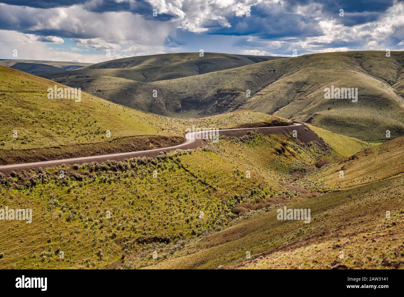Highway OR206 crossing hills around Six Mile Canyon at Umatilla Plateau, part of Columbia