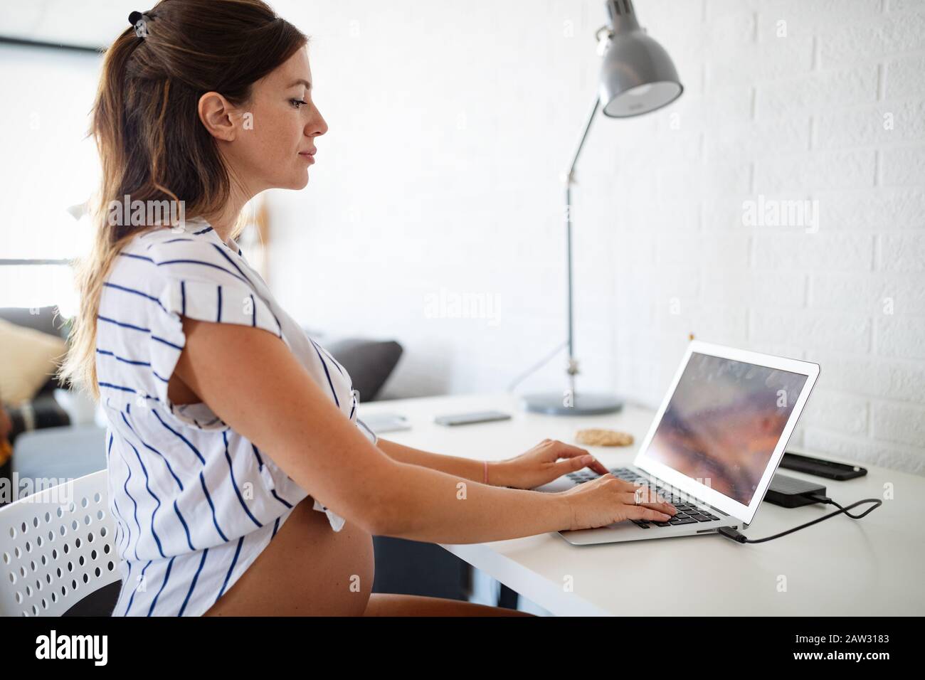 Pregnant woman working from home. Career and pregnancy concept Stock