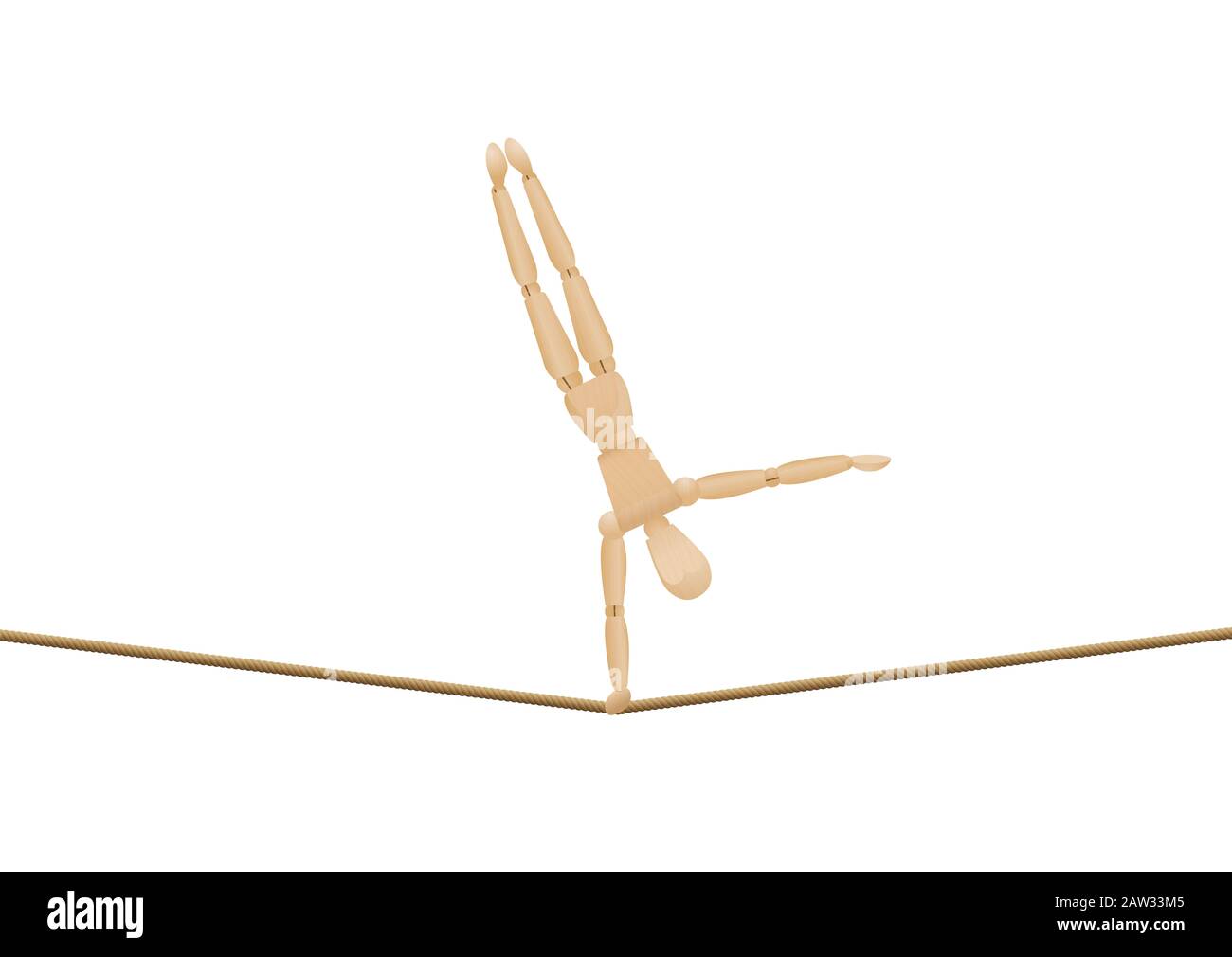 Tightrope walker making handstand with one hand. Balancing athletic wooden mannequin, lay figure, on a long rope - illustration on white. Stock Photo