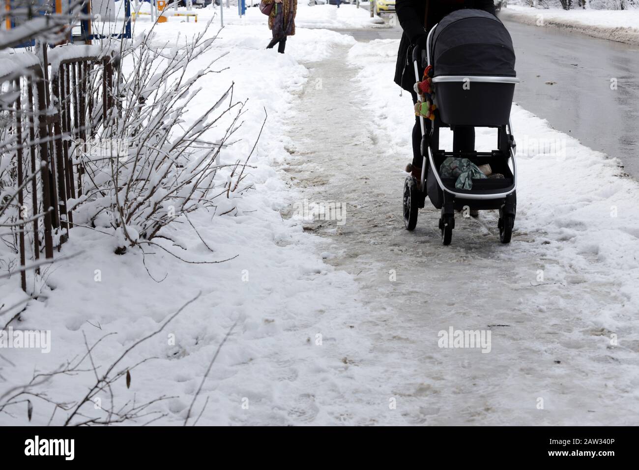 People Walk On Uncleaned Sidewalk, Slippery And Icy Sidewalk Stock ...