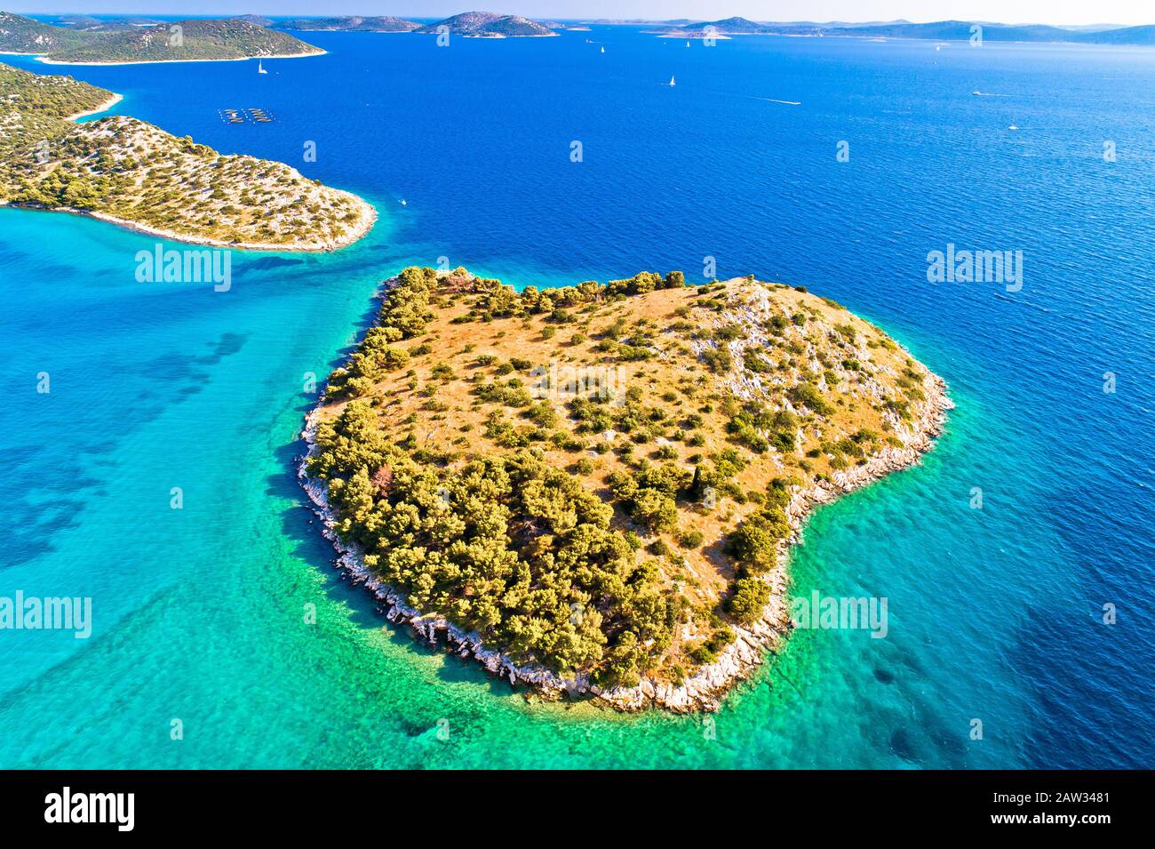 Small island in archipelago of Croatia aerial view, Kornati islands national park Stock Photo