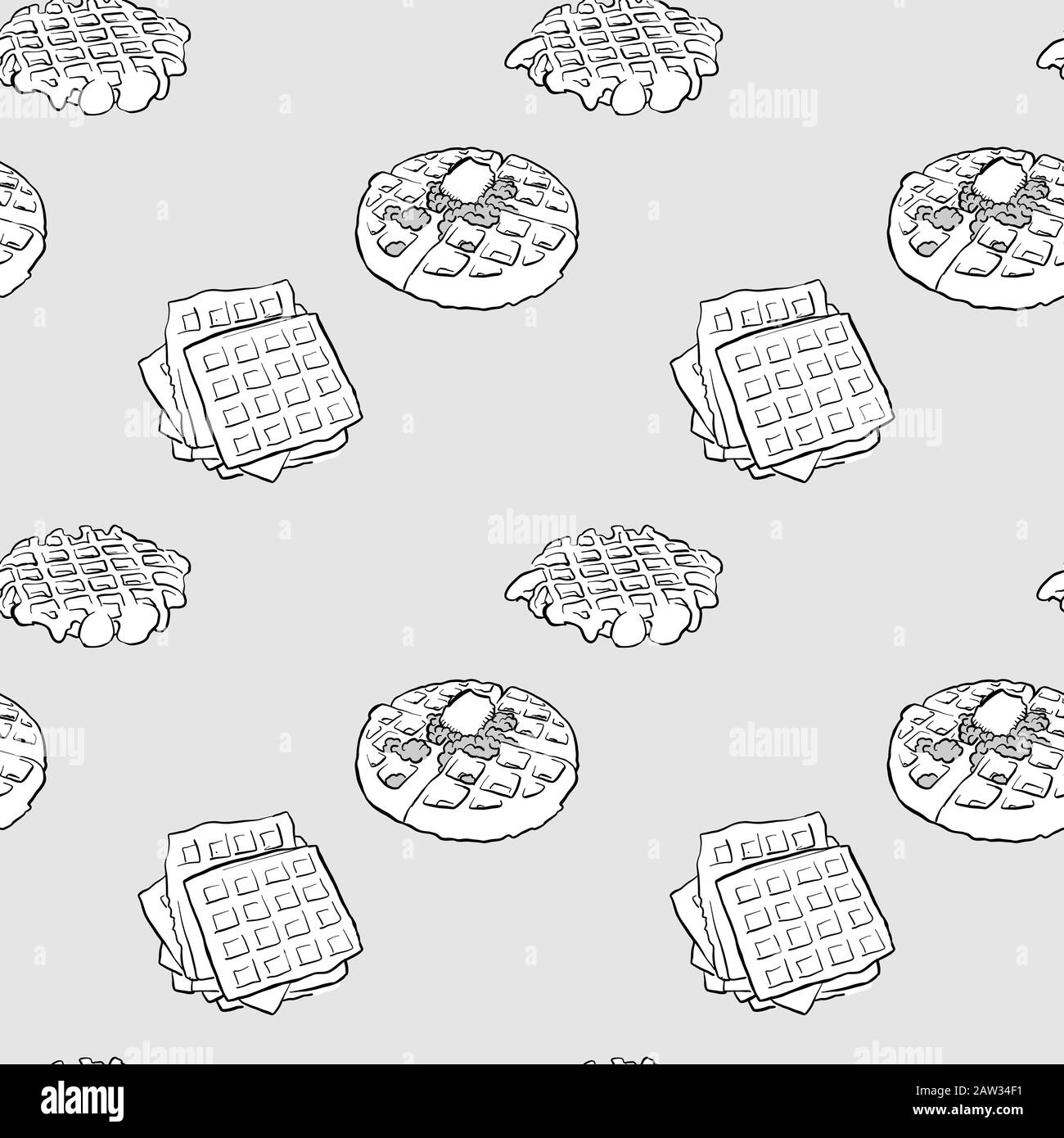 Belgian waffle seamless pattern greyscale drawing. Useable for ...