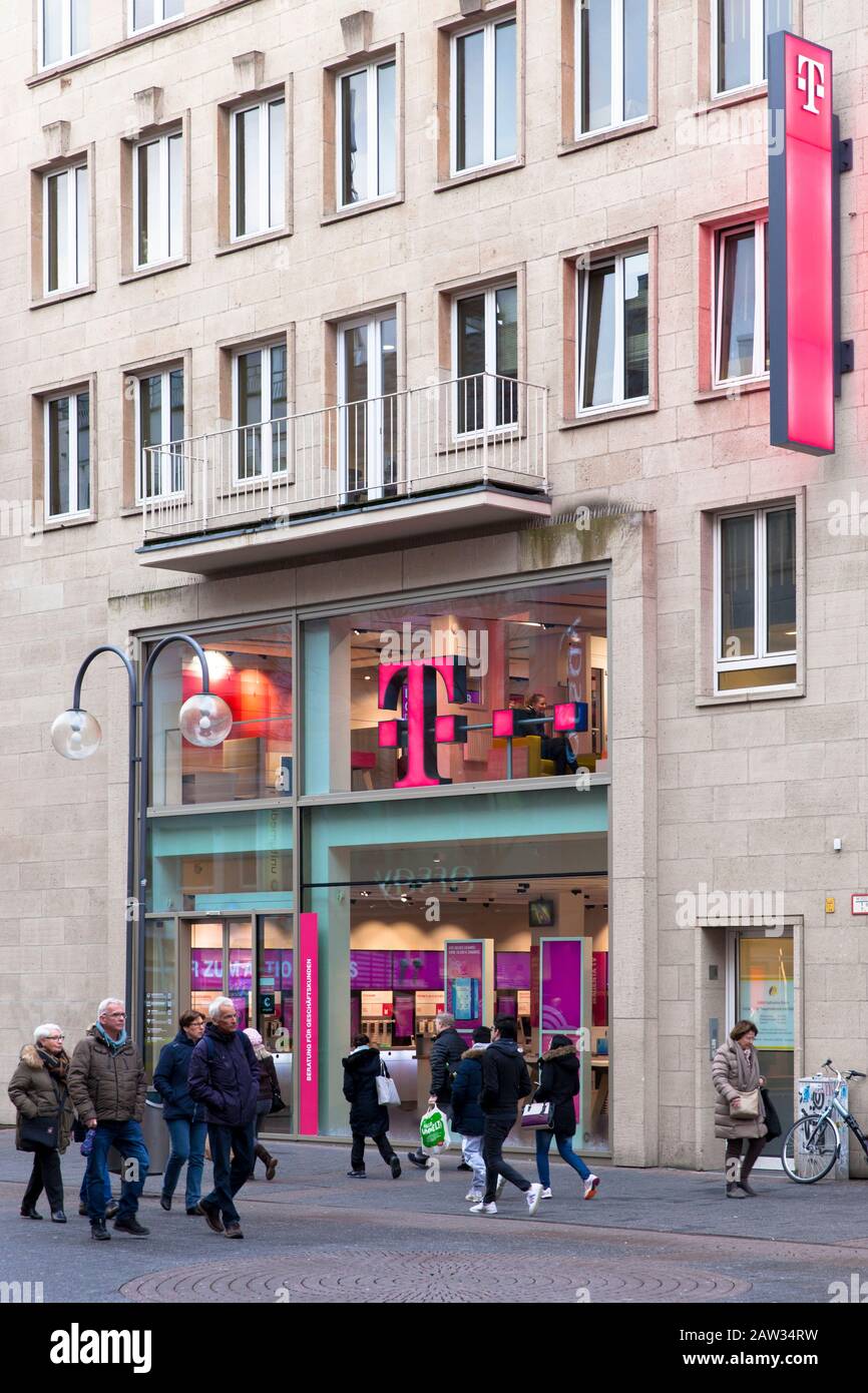 Telekom Shop on shopping street Schildergasse, Cologne, Germany.  Telekom Shop in der Einkaufsstrasse Schildergasse, Koeln, Deutschland. Stock Photo