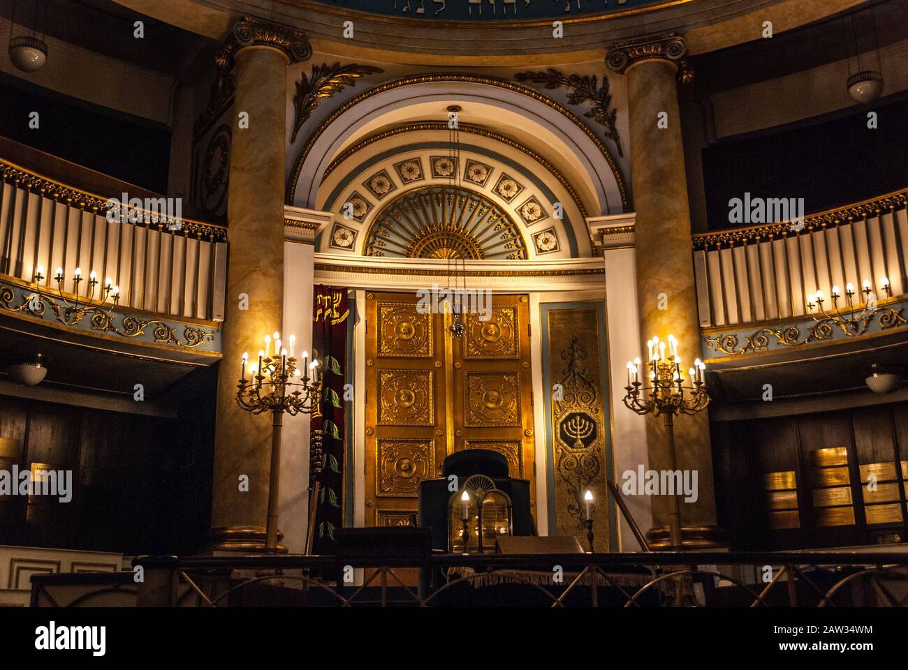 Vienna, Austria, August 21 2019 - The gold door of the Torah ark ...