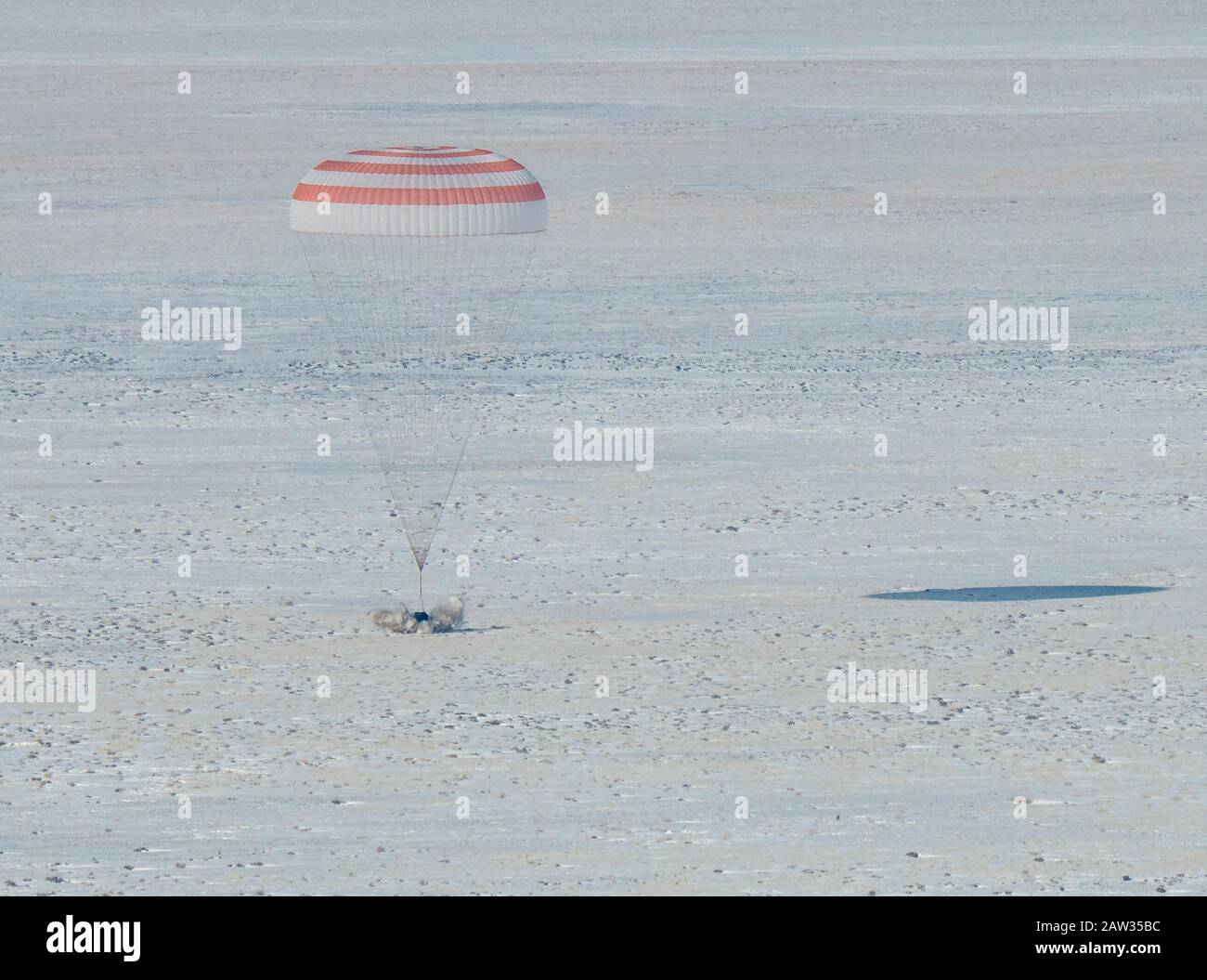 The Soyuz MS-13 spacecraft is seen as it lands in a remote area near the town of Zhezkazgan, Kazakhstan with Expedition 61 crew members Christina Koch of NASA, Alexander Skvortsov of the Russian space agency Roscosmos, and Luca Parmitano of ESA (European Space Agency) Thursday, Feb. 6, 2020. Koch returned to Earth after logging 328 days in space --- the longest spaceflight in history by a woman --- as a member of Expeditions 59-60-61 on the International Space Station. Skvortsov and Parmitano returned after 201 days in space where they served as Expedition 60-61 crew members onboard the statio Stock Photo