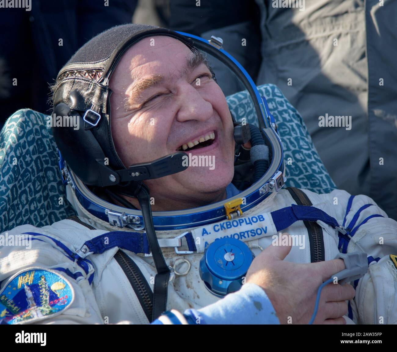 Roscosmos cosmonaut Alexander Skvortsov is seen outside the Soyuz MS-13 spacecraft after he landed with NASA astronaut Christina Koch and ESA astronaut Luca Parmitano in their Soyuz MS-13 capsule in a remote area near the town of Zhezkazgan, Kazakhstan on Thursday, Feb. 6, 2020. Koch returned to Earth after logging 328 days in space --- the longest spaceflight in history by a woman --- as a member of Expeditions 59-60-61 on the International Space Station. Skvortsov and Parmitano returned after 201 days in space where they served as Expedition 60-61 crew members onboard the station. Mandatory Stock Photo