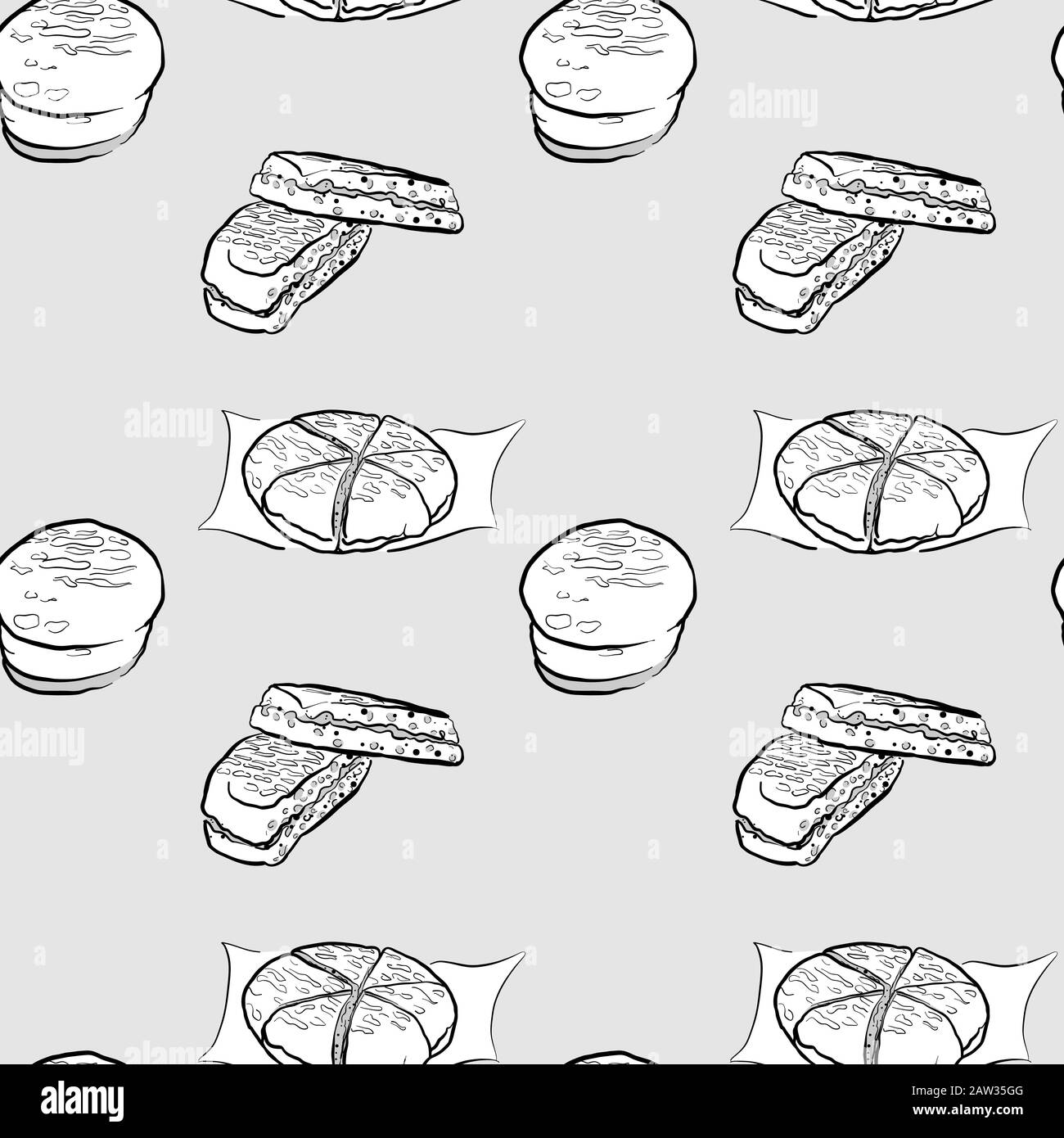 Bolo do caco seamless pattern greyscale drawing. Useable for wallpaper or any sized decoration. Handdrawn Vector Illustration Stock Vector
