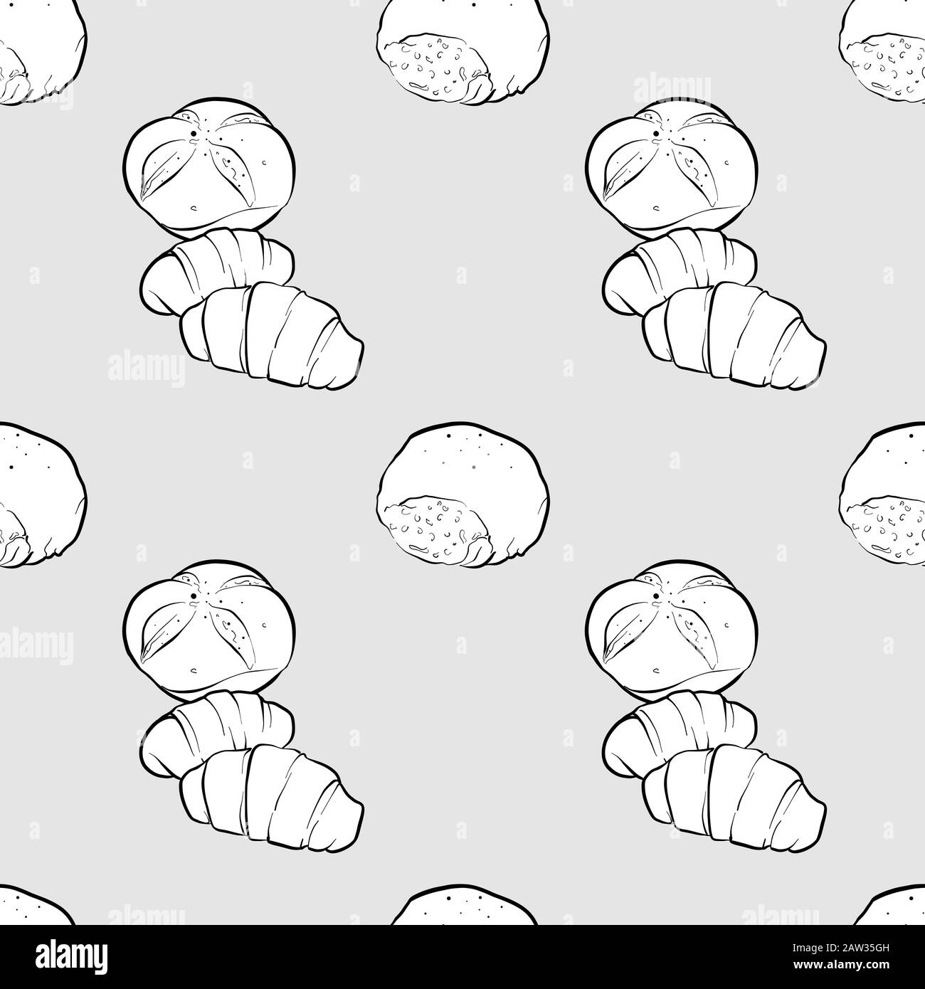 Bread roll seamless pattern greyscale drawing. Useable for wallpaper or