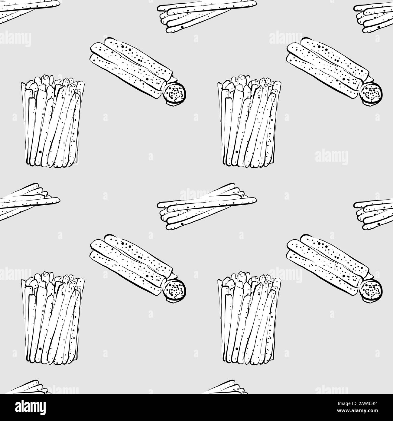 Breadstick seamless pattern greyscale drawing. Useable for wallpaper or any sized decoration. Handdrawn Vector Illustration Stock Vector