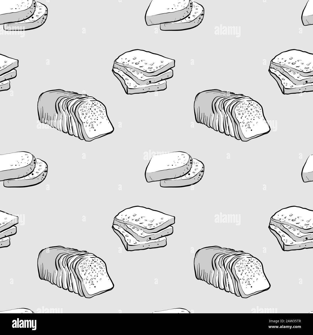 Brown bread seamless pattern greyscale drawing. Useable for wallpaper or any sized decoration. Handdrawn Vector Illustration Stock Vector