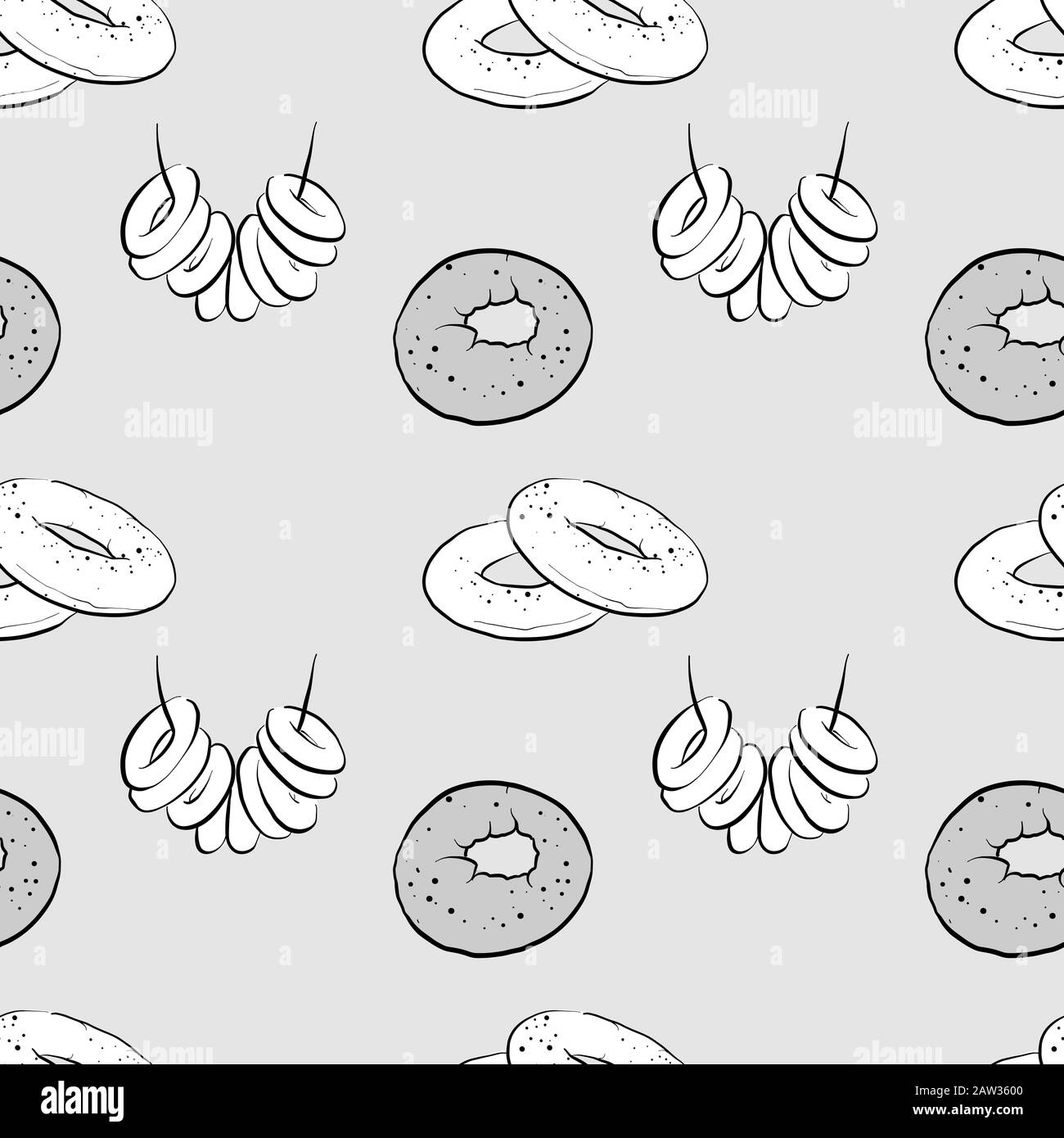Bublik seamless pattern greyscale drawing. Useable for wallpaper or any sized decoration. Handdrawn Vector Illustration Stock Vector