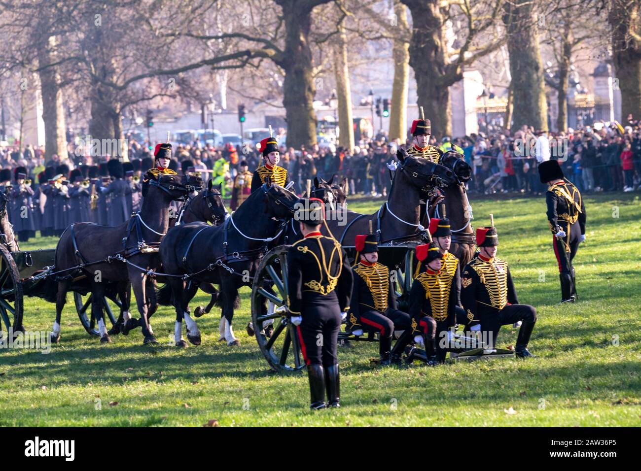 London, UK. 6th Feb, 2020. The King's Troop Royal Horse Artillery, wearing immaculately presented full dress uniform, provide a colourful sight when they ride their horses and gun carriages at The Green Park to stage a 41 Gun Royal Salute to mark the 68th Anniversary of the Accession of Her Majesty The Queen. Credit: Ian Davidson/Alamy Live News Stock Photo
