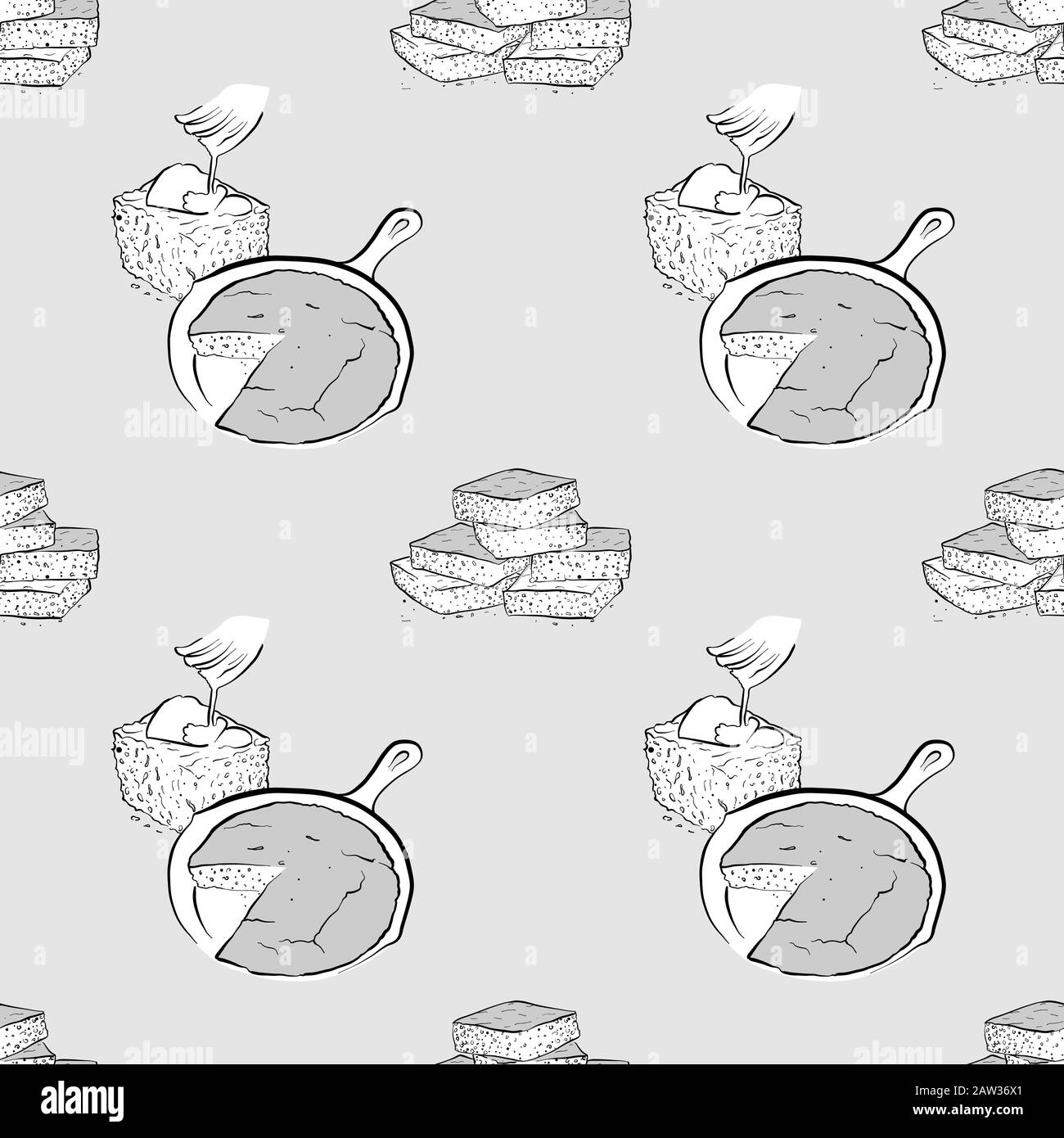 Cornbread seamless pattern greyscale drawing. Useable for wallpaper or