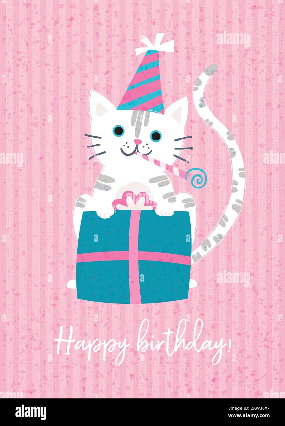 Birthday Card. Cute white cat with gift box and party hat on white ...