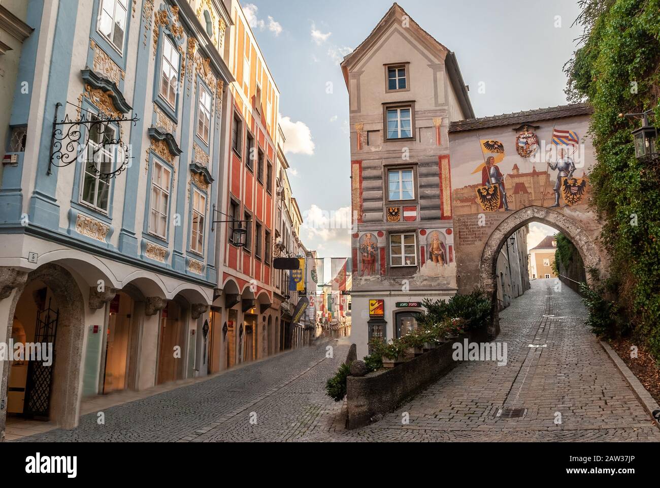 Steyr, old street and facades with painting and frescos on Blumauerhaus, Upper Austria Stock Photo