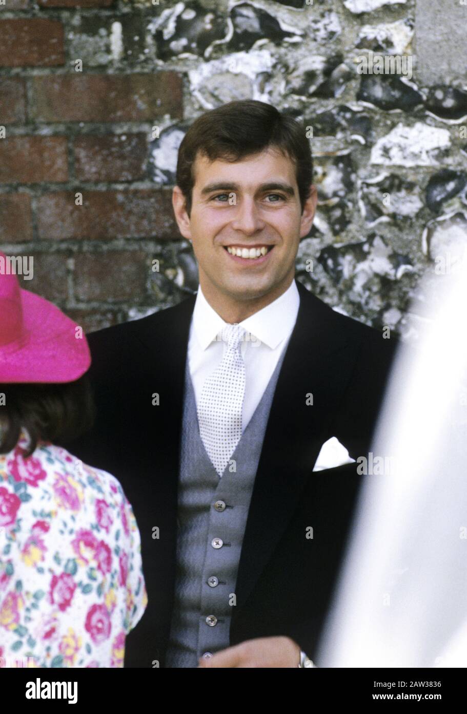 HRH Prince Andrew Duke of York attends the wedding of Carolyn Herbert, Highclere, Somerset, England July 1985 Stock Photo