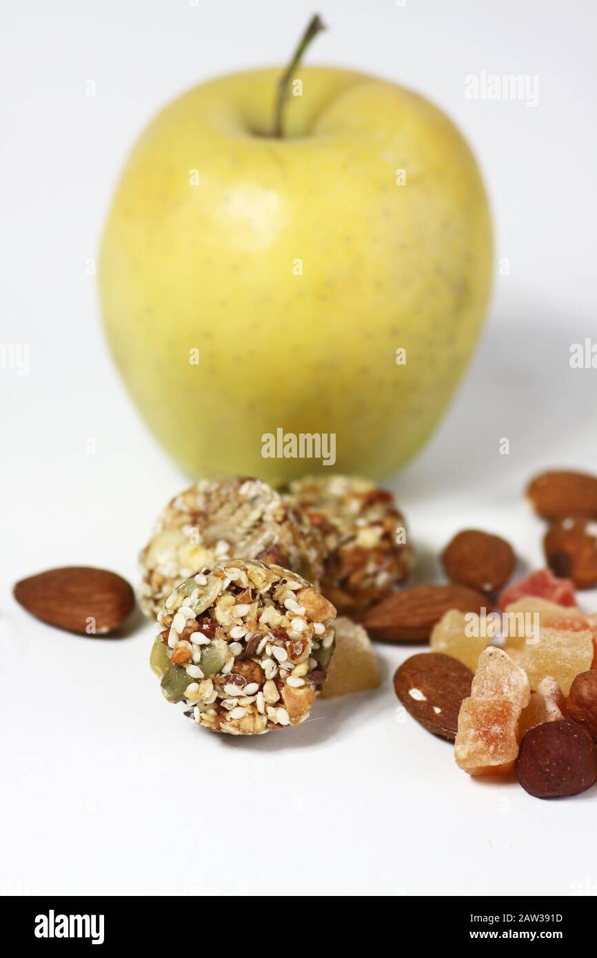 crunchy, fruit mix and green apple isolated on white background ...