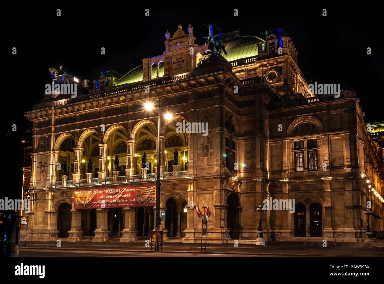 The Vienna State Opera at night (German Wiener Staatsoper) is an opera