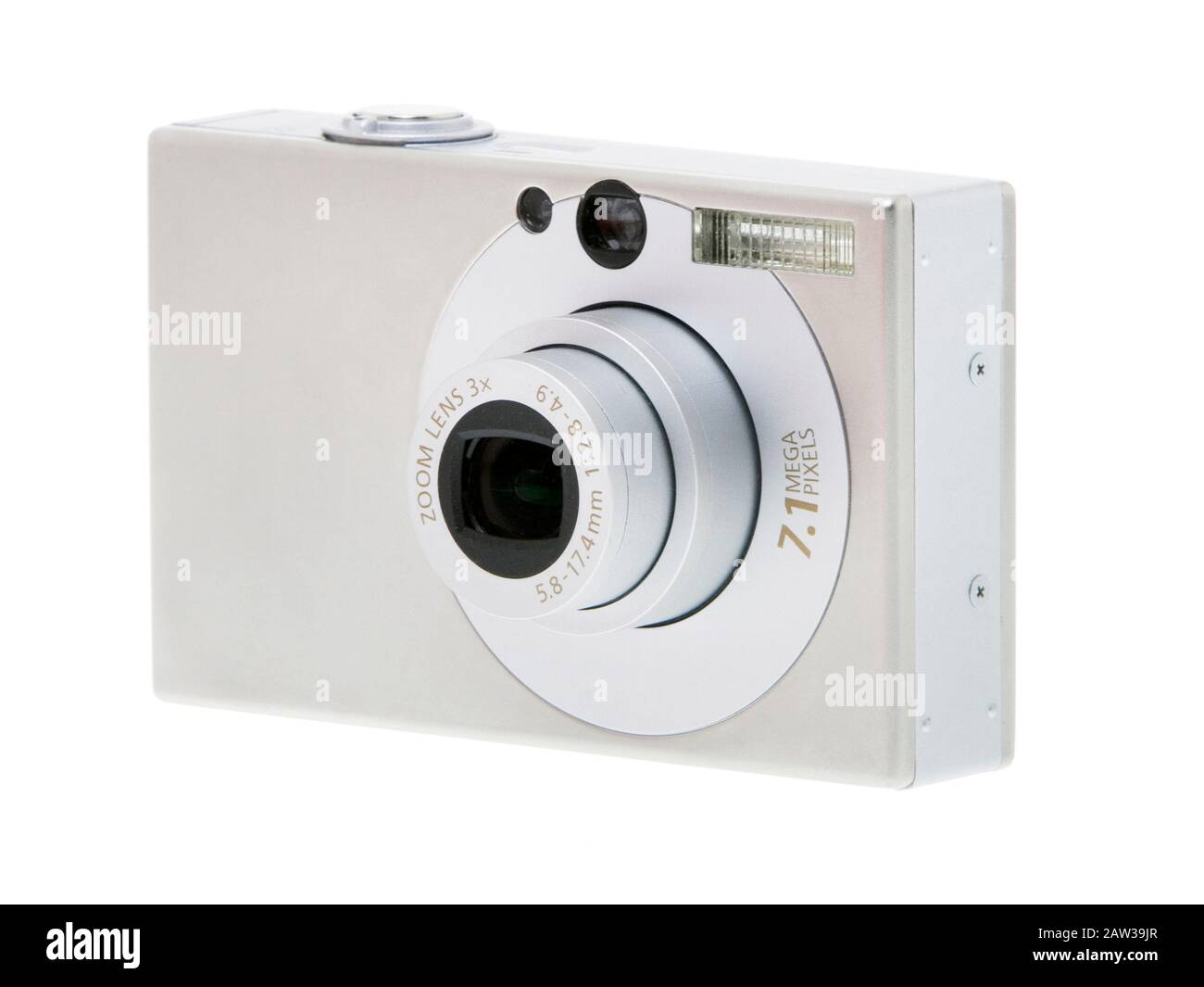 Schraegansicht einer Digitalkamera isoliert auf weissem Hintergrund | digital camera in side view isolated on white background Stock Photo