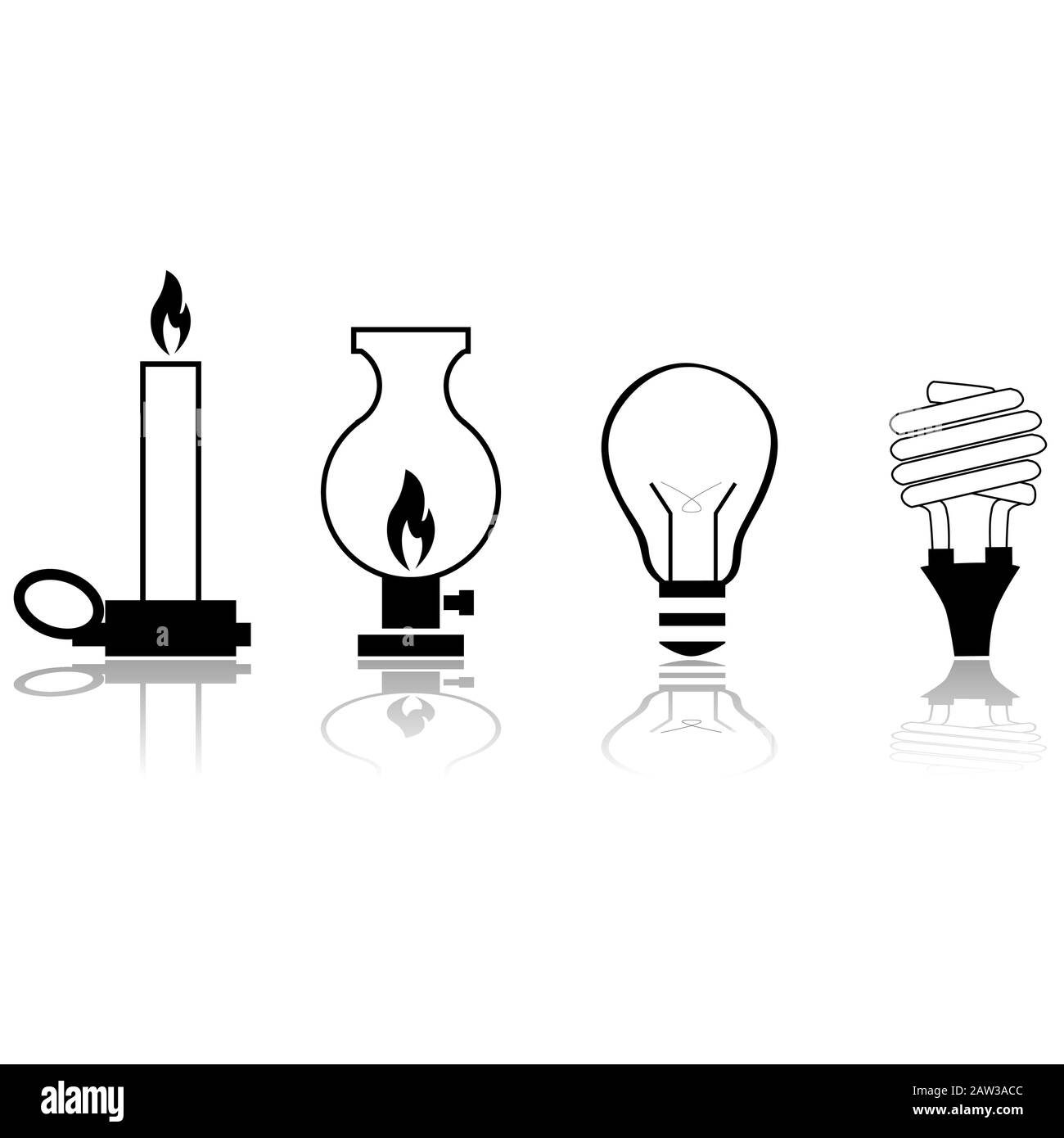 Icon set showing how sources of artificial light have evolved through time Stock Vector