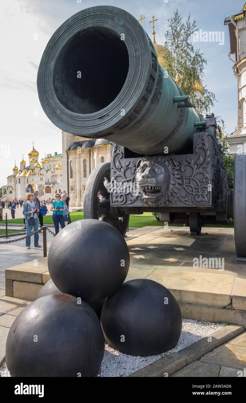 The Tsar Cannon, a bronze cannon more than 5 meters long with a calibre of 890 mm, and weighing more than 39 tons, The Kremlin, Moscow, Russia. Stock Photo