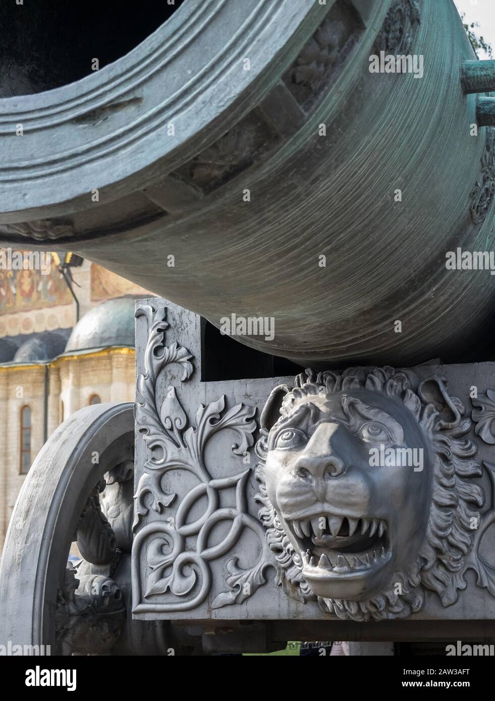The Tsar Cannon, a bronze cannon more than 5 meters long with a calibre of 890 mm, and weighing more than 39 tons, The Kremlin, Moscow, Russia. Stock Photo