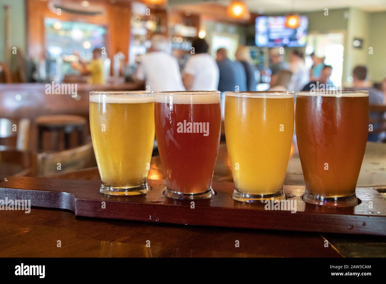 July 26, 2019 - Town of Clayton, NY, USA: Beer Flight Tasting, sampling, Wood Boat Brewery Stock Photo