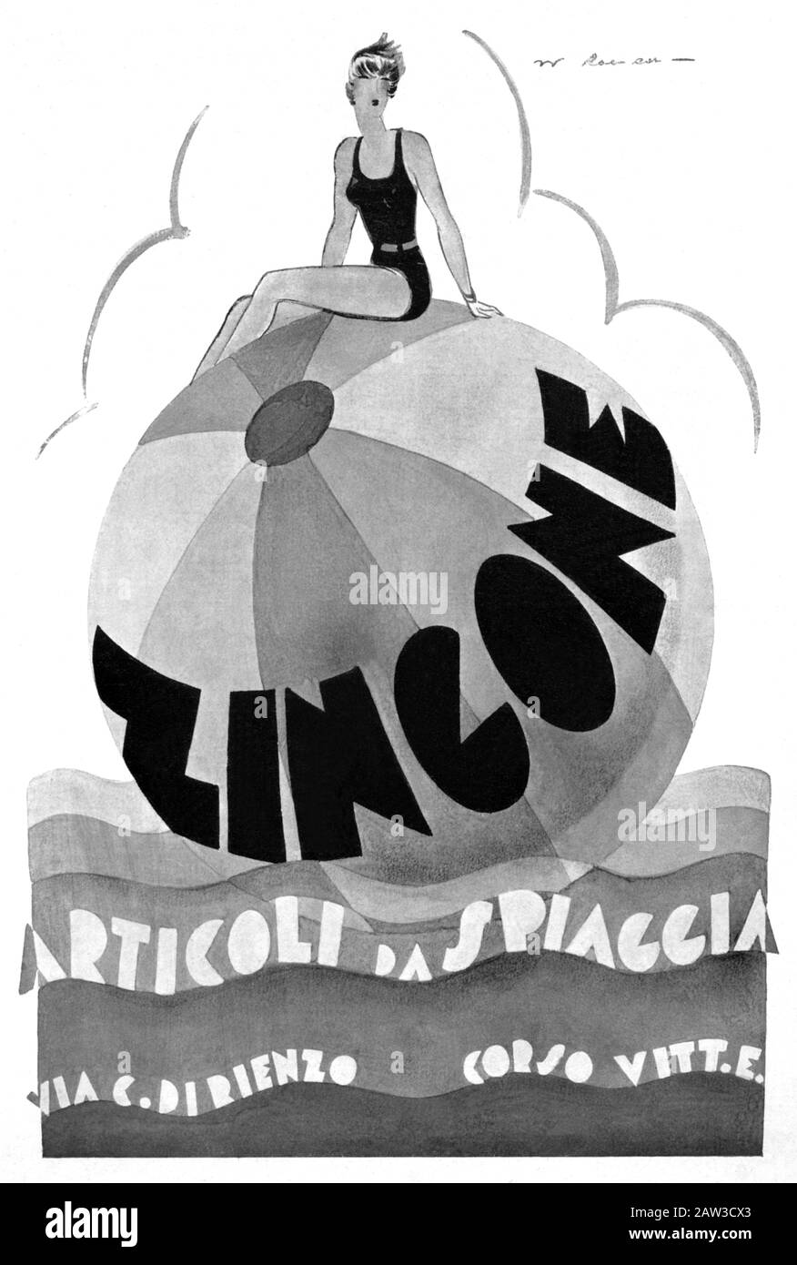 1930 , ROMA , ITALY : Poster advertising ZINGONE , Aticoli da Spiaggia ,  ROMA . Clothing stores in Rome ( founded in 1896 ) owned by rich italian  Ren Stock Photo - Alamy