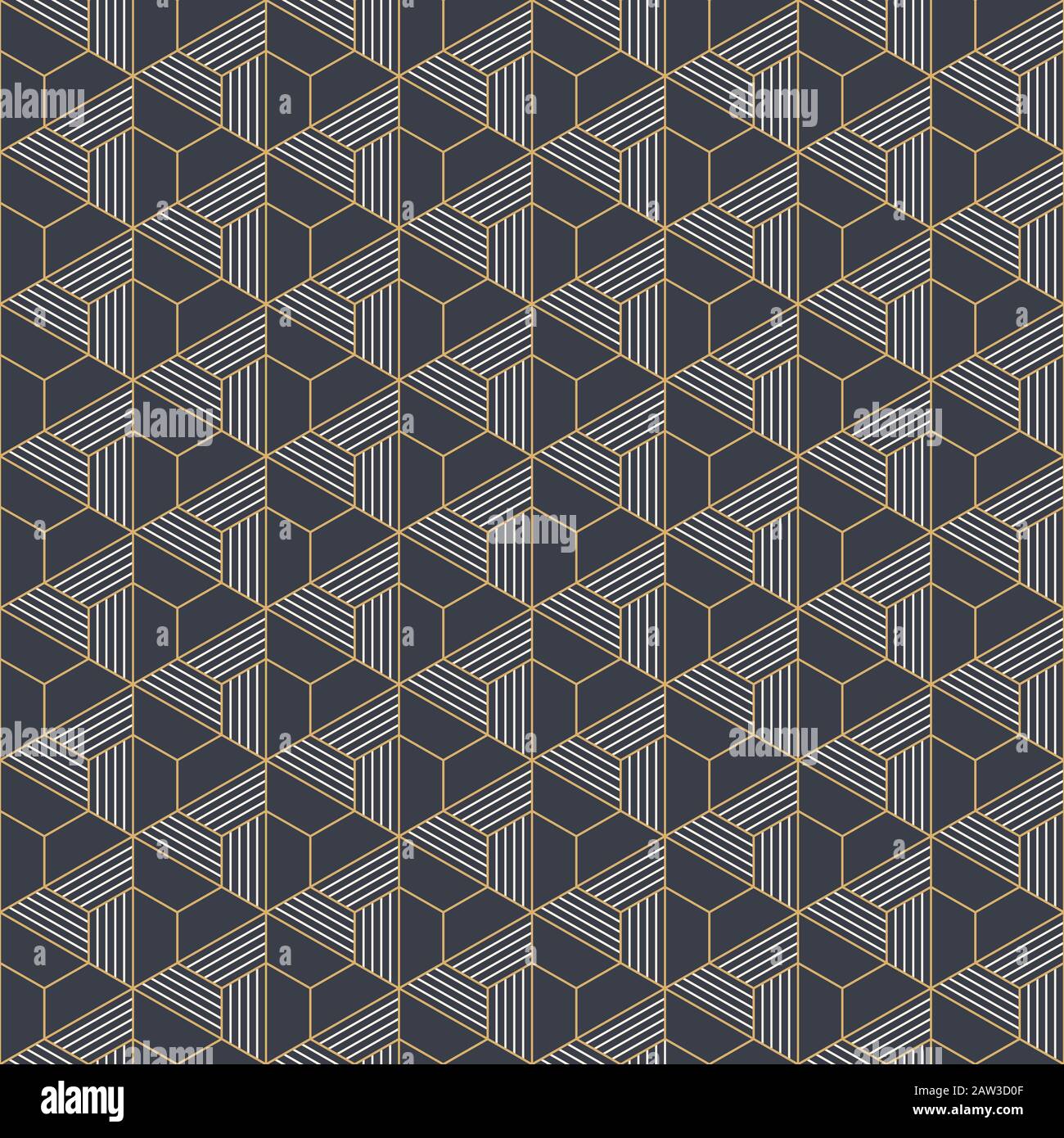 Abstract seamless pattern. Modern stylish texture. Linear style. Geometric tiles with triple hexagonal elements. Striped triangles. Vector color. Stock Vector