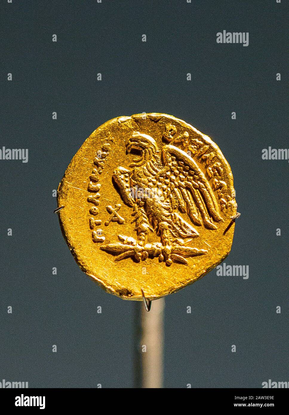 Opening visit of the exhibition “Osiris, Egypt's Sunken Mysteries”. Alexandria, Graeco-Roman Museum, a golden coin with an eagle. Stock Photo