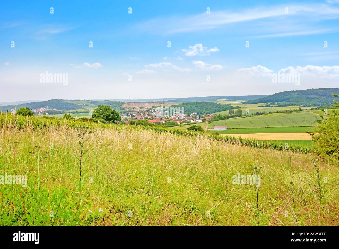 rural german landscape with meadow in foreground and blue sky Stock