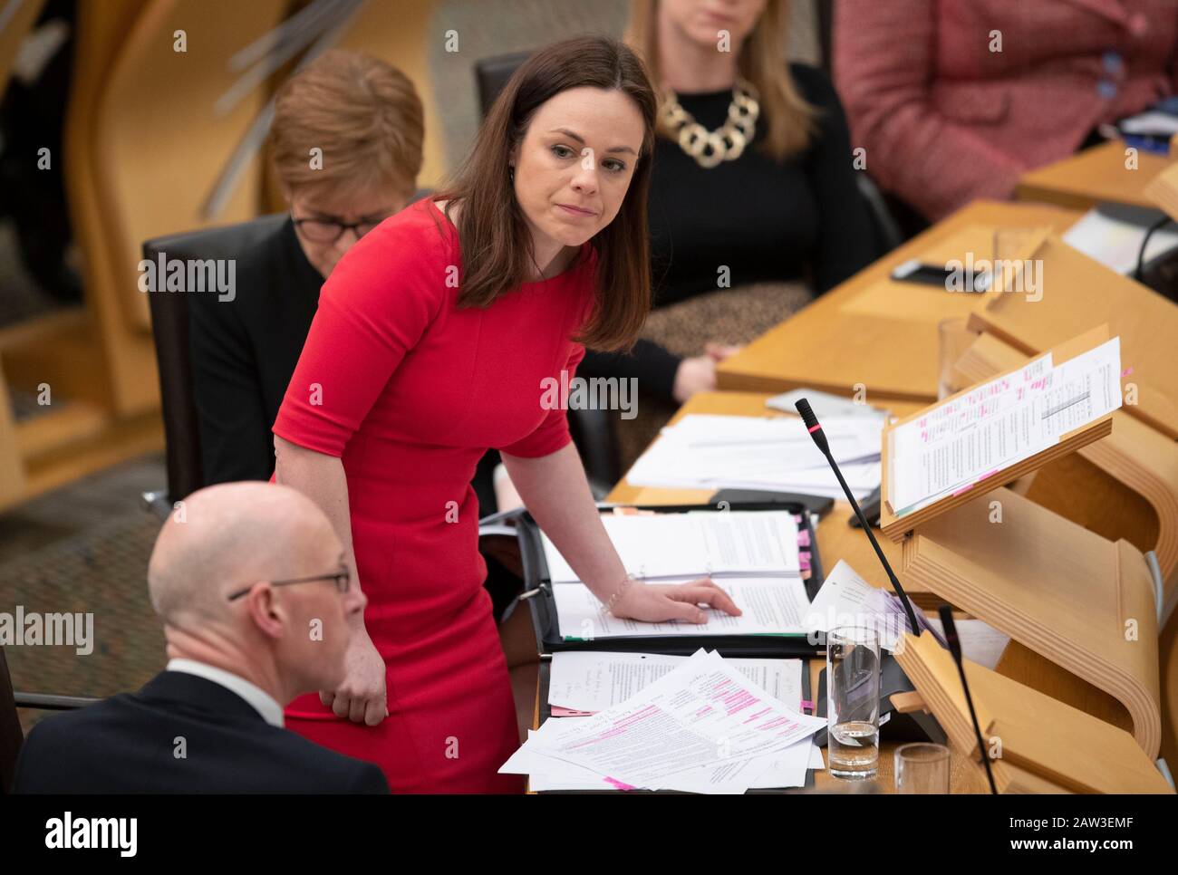 Public finance minister Kate Forbes unveils the Scottish Government's spending pledges for the next financial year in the debating chamber at the Scottish Parliament in Edinburgh. She stepped-in after Derek Mackay resigned as Finance Secretary after allegations emerged that he sent hundreds of messages to a 16-year-old boy. Stock Photo