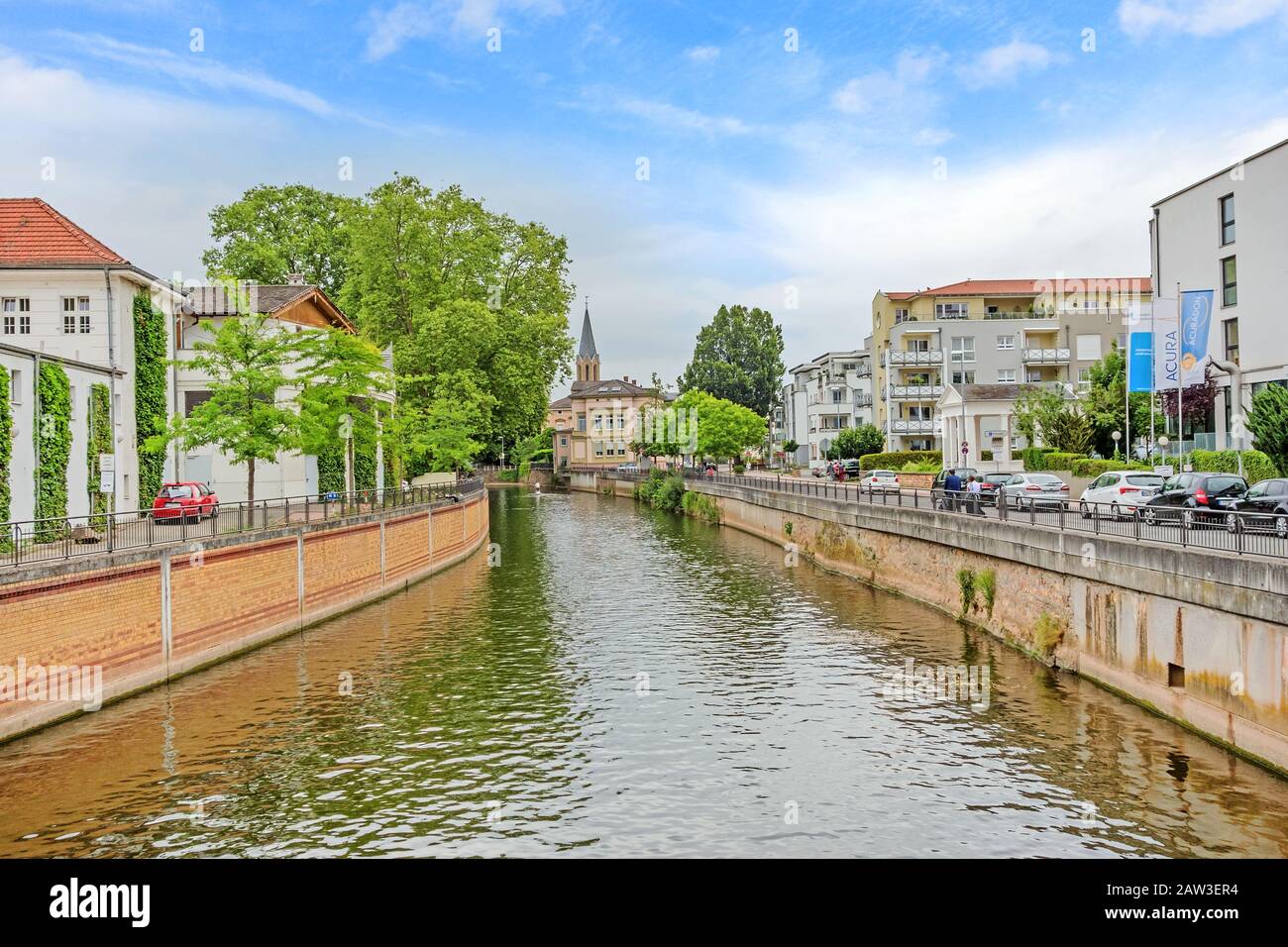 Bad Kreuznach, Germany - June 17, 2017: Inner city of Bad Kreuznach, river Nahe in front Stock Photo