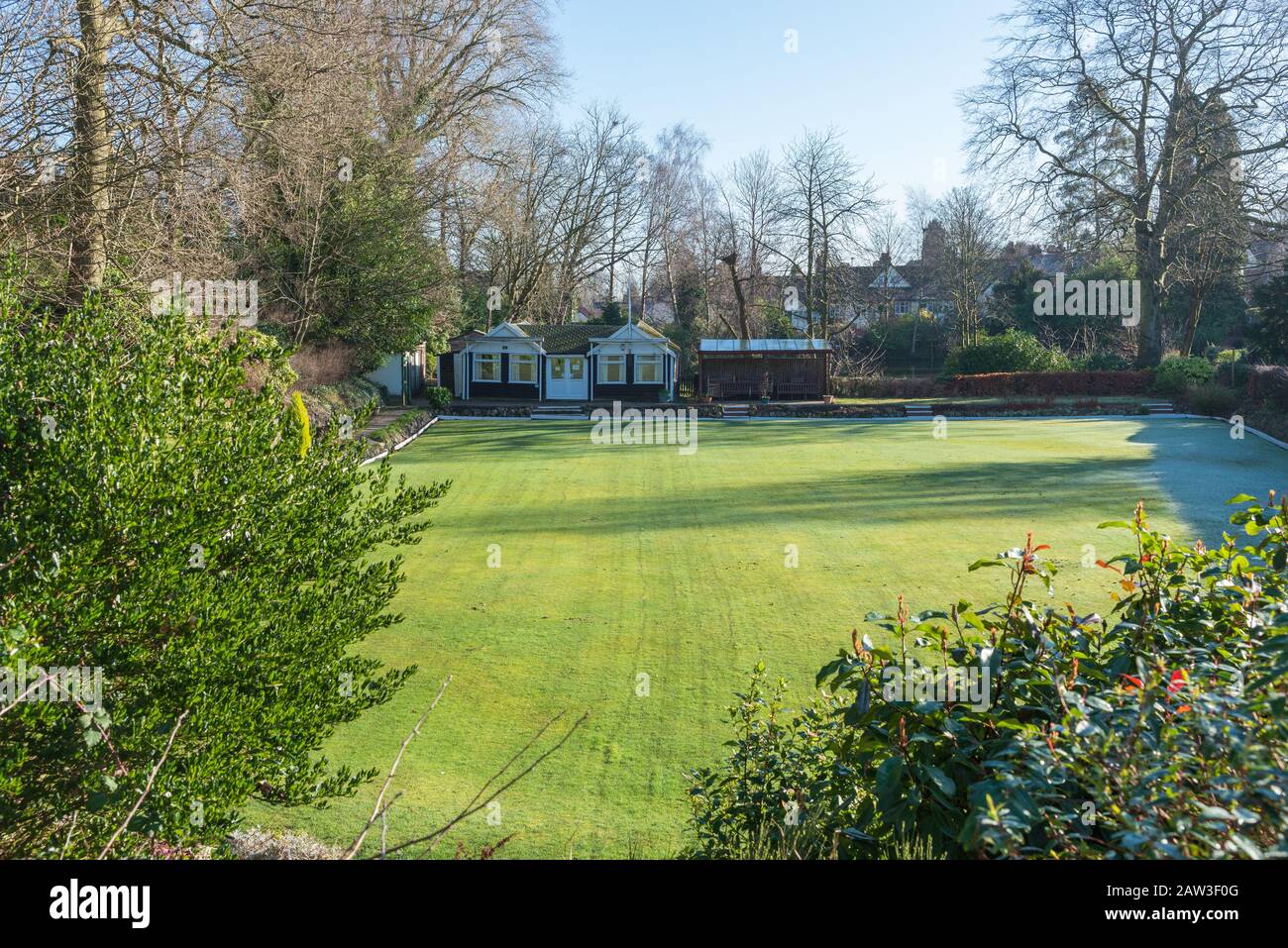 The bowling green and club on the Moor Pool Estate which is a garden suburb in Harborne, Birmingham and is a conservation area. Stock Photo
