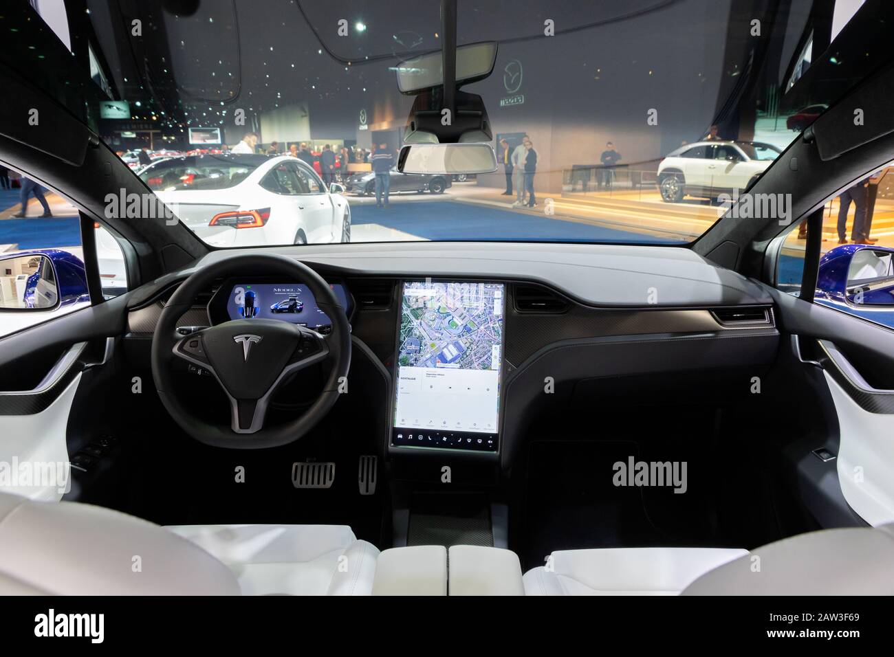 BRUSSELS - JAN 9, 2020: Tesla Model X car model interior dashboard view showcased at the Brussels Autosalon 2020 Motor Show. Stock Photo