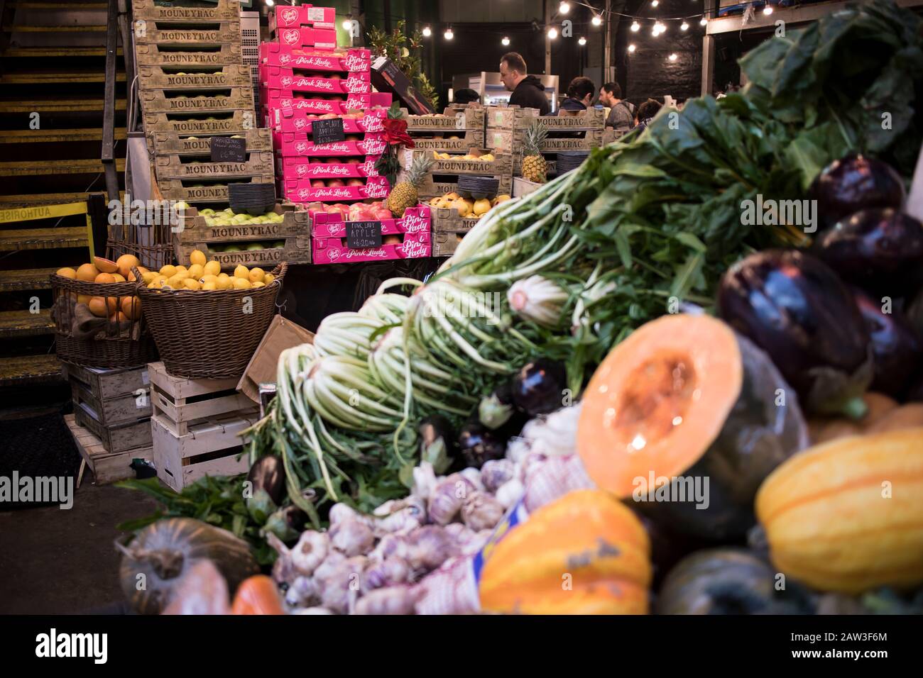 London, UK, - 23 - December 2019, Different types of vegetables and salads on the counter at Borough Market. Interior of a vegetable shop Stock Photo