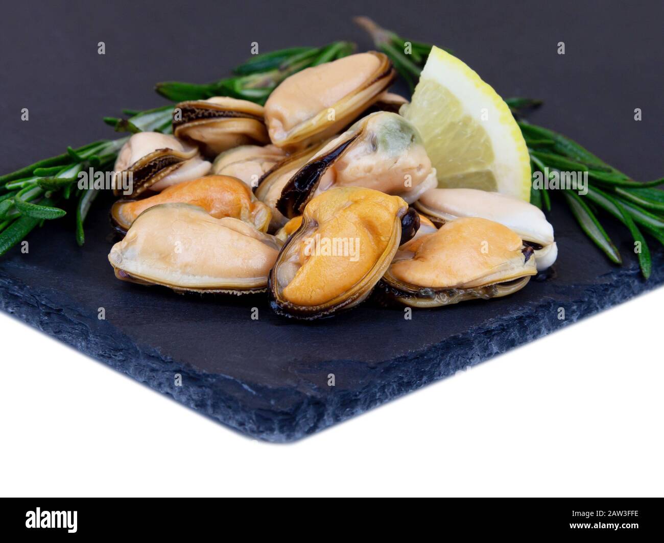 Mussels in oil and spices food background copy space. Stock Photo