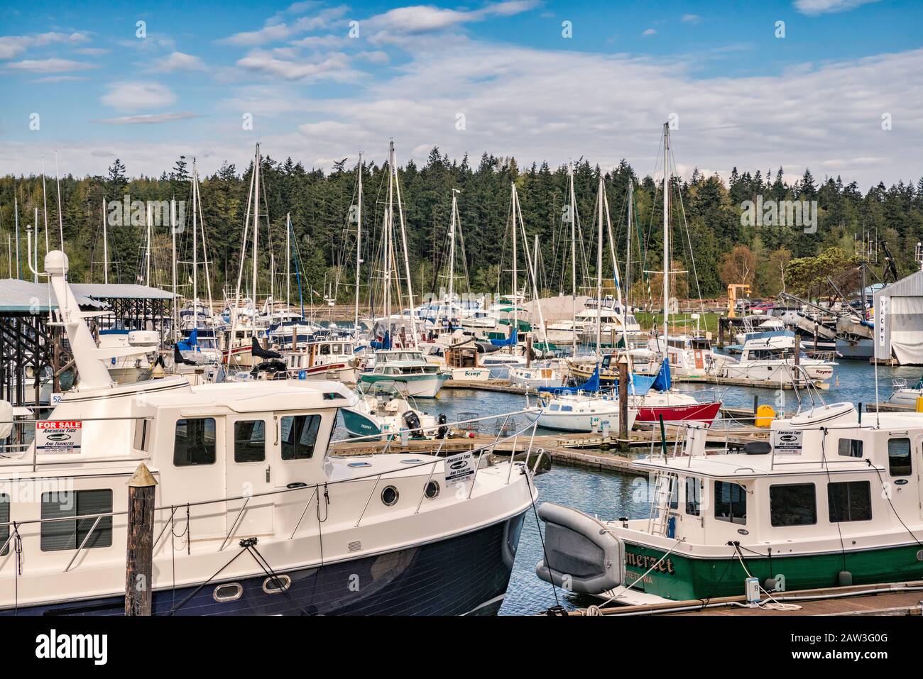 Boats at Port of Skagit La Conner Marina, Swinomish Channel, Puget