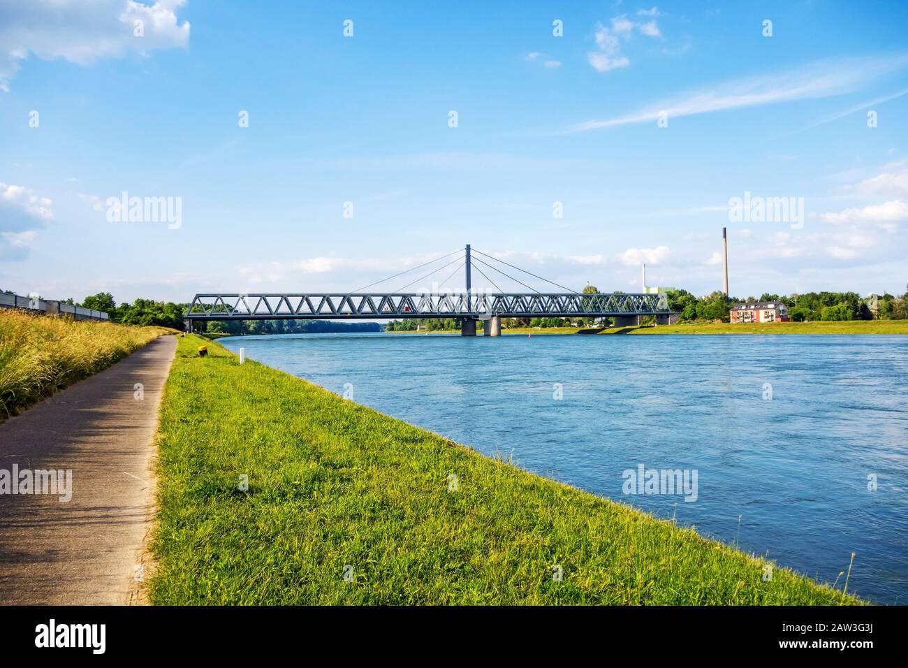 Rhine bridge in Karlsruhe, view from river rhine bikeway riversides Stock Photo