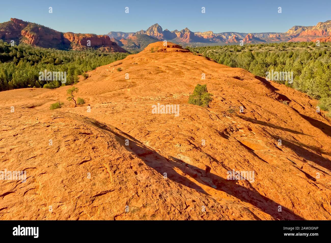 A view from the top of a famous sandstone formation in Sedona known as Submarine Rock. This monolith is named for its shape because at a distance it a Stock Photo