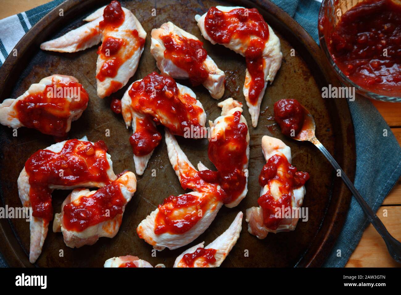 Overhead view of chicken wings ready to bake Stock Photo