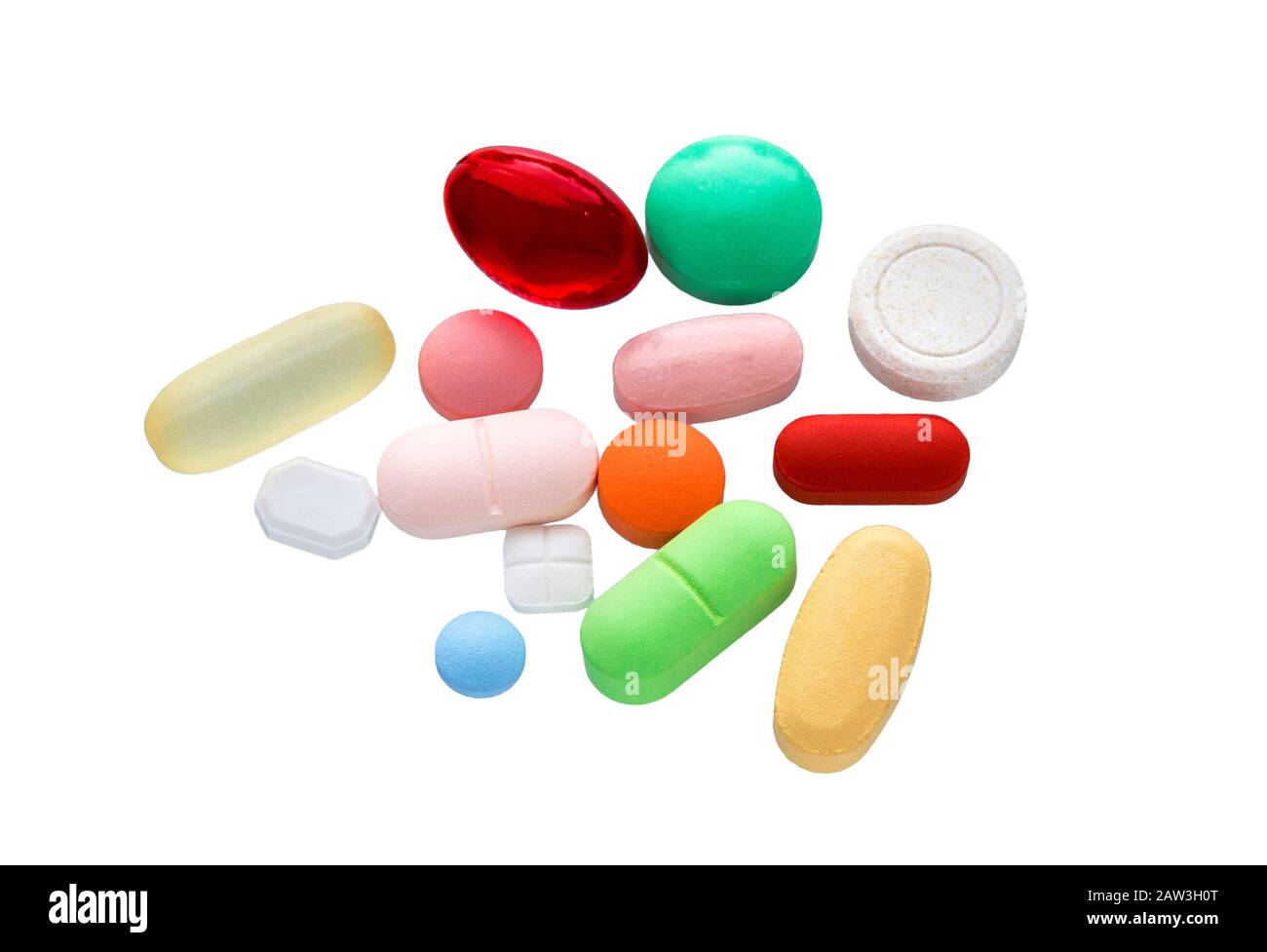 Pills, Tablets isolated on a white background. Colorful medicine pills. Stock Photo