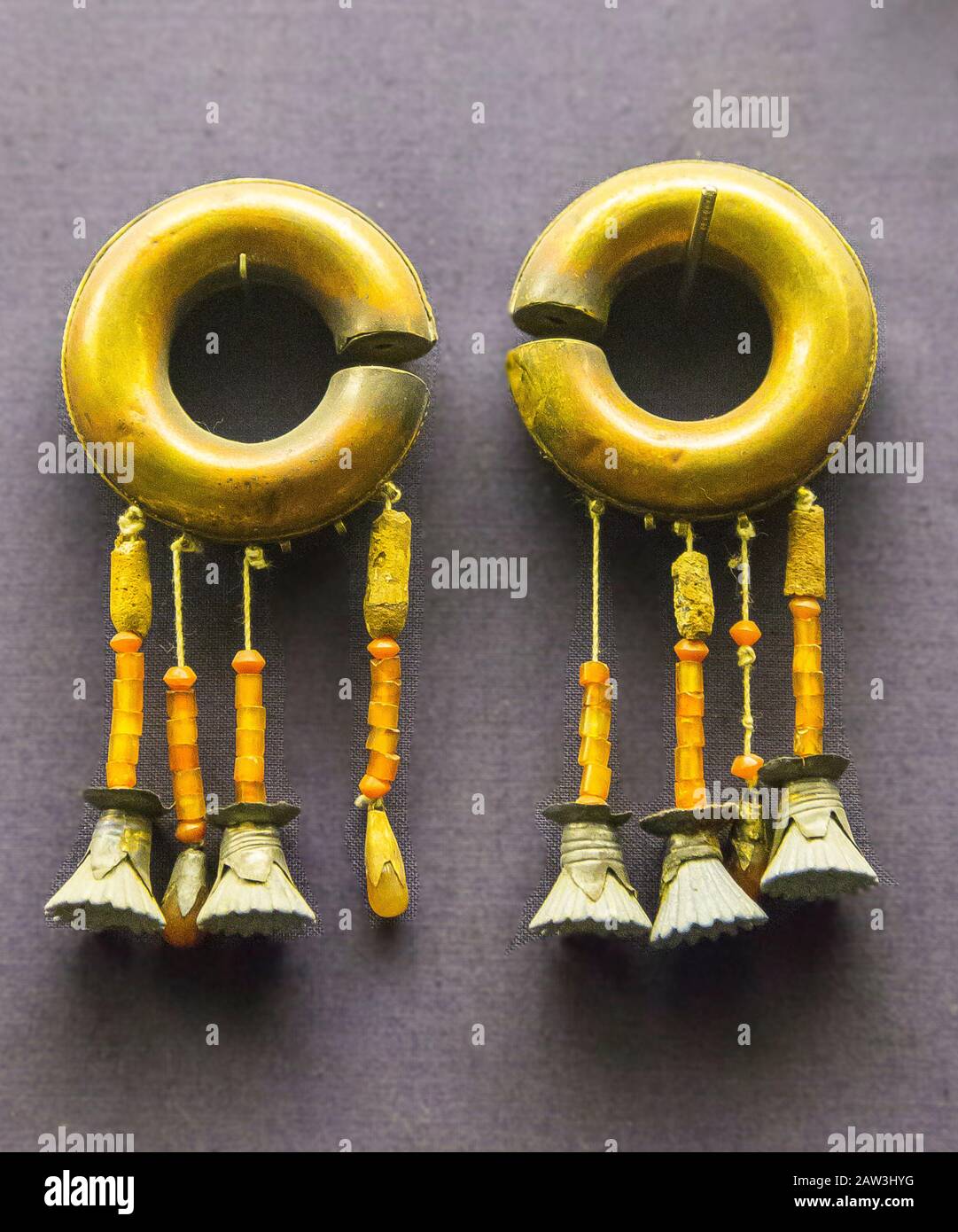 Egypt, Cairo, Egyptian Museum,earrings found in a cache of the Valley of the Kings, Luxor. Period of Sethy II and his queen Taousert. Stock Photo