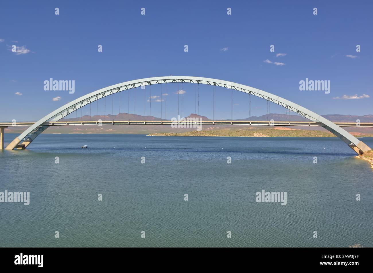 A view of the arch structure of Arizona's Roosevelt lake Bridge. Stock Photo