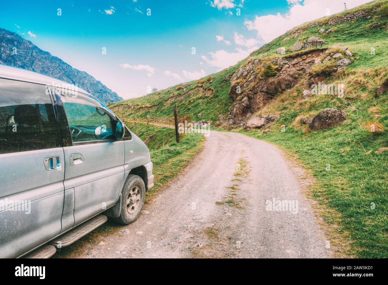 Georgia. Car SUV On Off Road. Freedom And Driving Concept. Vehicle On Country Road In Spring Or Summer Season. Stock Photo