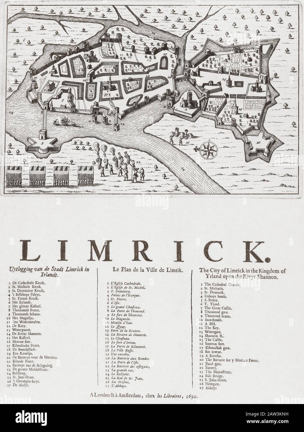 Map of Limerick, Ireland, dating from 1690 and showing the forces of William III besieging the city during the Williamite War of 1689 - 1691. Stock Photo