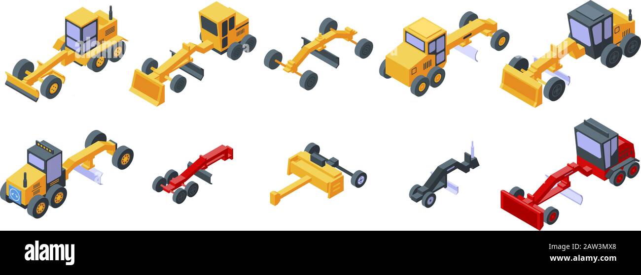 Grader machine icons set, isometric style Stock Vector