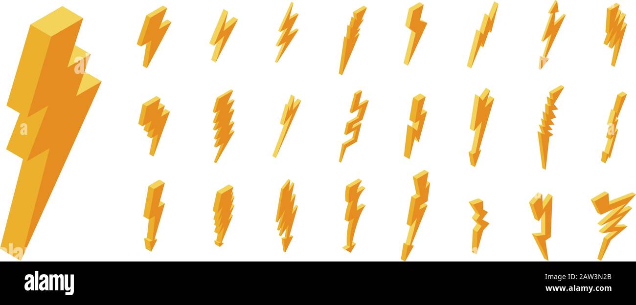 Lightning bolt icons set, isometric style Stock Vector