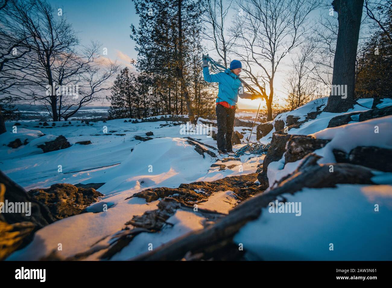 Packing Away Climbing Rope at Sun Down Stock Photo