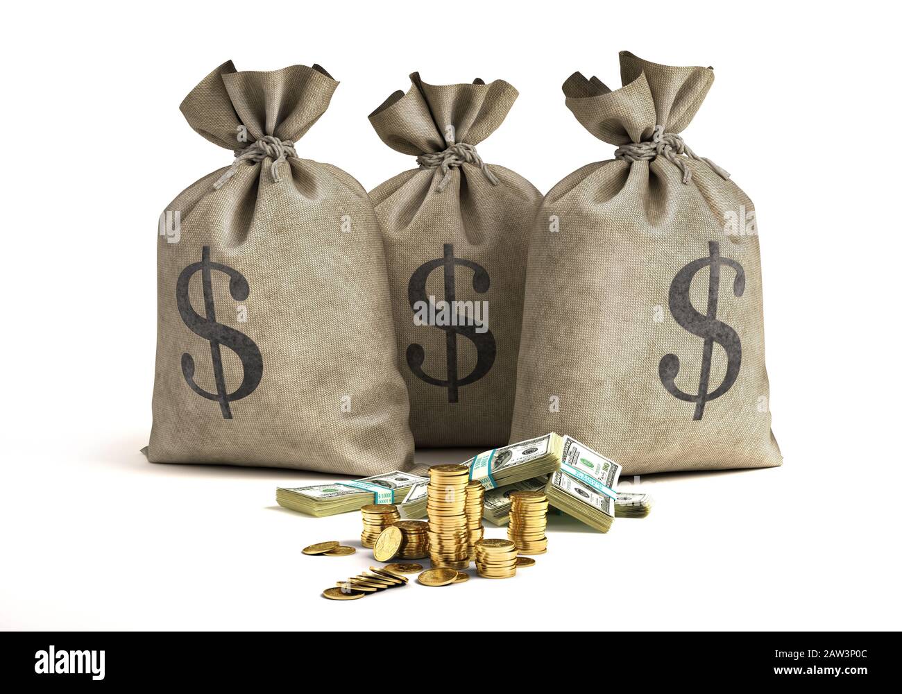 Money bags with stacks of banknotes and golden coins. 3D illustration. On white background. Stock Photo